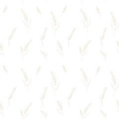 Seamless  delicate  pattern with gold ears  spikelets wheat lavender branches drawn in the linear sketch style  on white background for fabric, bed linen, wallpaper, packaging, cover.