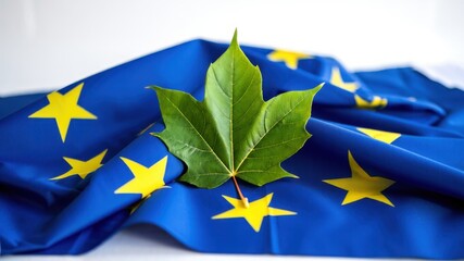 Green leaf on European Union flag representing EU environmental policy, sustainability, climate action, and ecological responsibility across member states