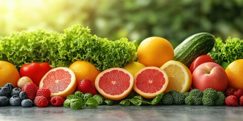 Fresh variety of fruits and vegetables displayed on a table under natural lighting at a local market