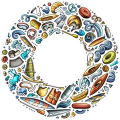 Set of Water Sport cartoon doodle objects. Round frame composition