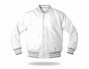 Fototapeta premium A pristine white varsity jacket displayed against a clean background, showcasing its stylish design and versatility for casual wear