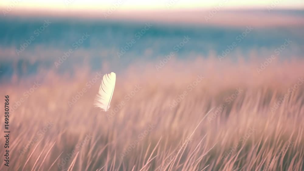 Poster delicate white feather gracefully floats in a field of tall grasses with a soft pastel-colored sky, 
