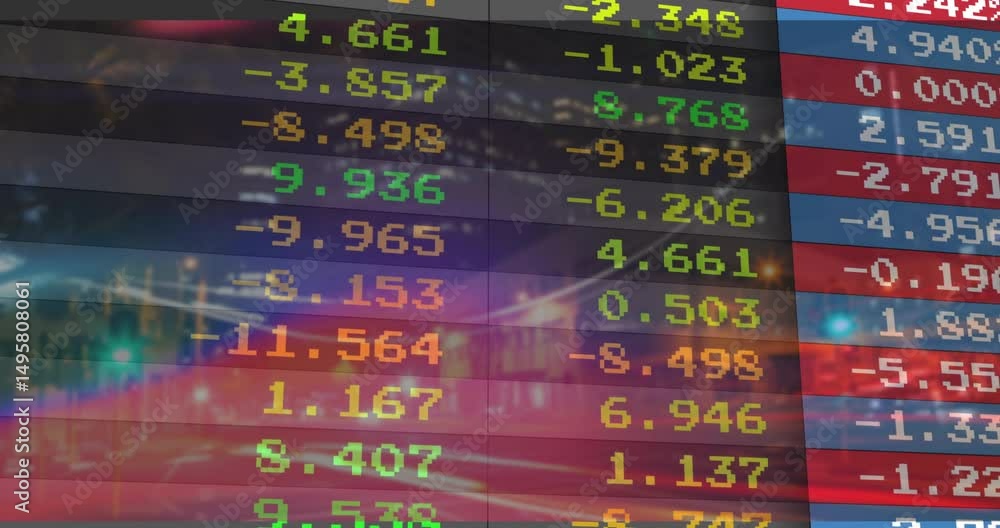 Poster on startup digital ticker animating over skyline, columns scrolling updating showing stock trends