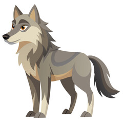 A gray and tan wolf with alert eyes stands in profile, looking over its shoulder with white background