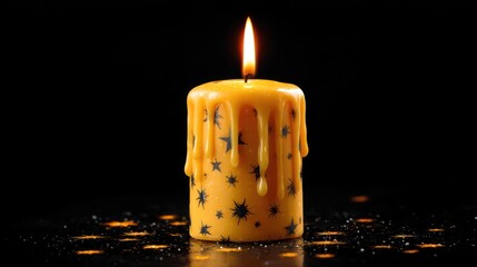 A Burning Yellow Candle with Stars, Dripping Wax on a Black Background
