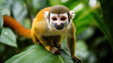 Obraz premium Captivating close-up of a squirrel monkey amidst the lush green foliage