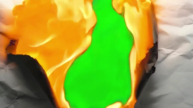 Animation of crumpled white paper sheet burning outward to reveal vibrant green background, perfect for transition effects, video editing, and dramatic cinematic intros burning process