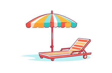 Isolated sun lounger and striped umbrella on white background, summer vacation concept of seaside relaxation and resort equipment