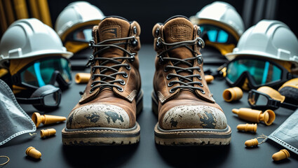 Safety footwear and protective gear arranged on a work surface for construction and industrial use