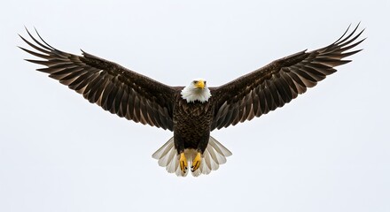 Obraz premium Majestic Bald Eagle in Flight Wings Spread Wide Against a Cloudy Sky