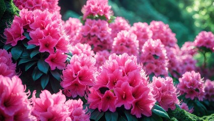 Fototapeta premium Vivid pink flowers of azalea rhododendron group on a bright background with central pink blooms