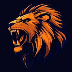 Fierce lion head illustrated with vibrant orange and dark blue tones showcasing strength and majesty