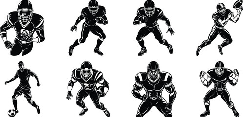 Collection silhouettes of different men and women performing various sports activities, playing basketball, volleyball, tennis, soccer, football. Vector illustrations isolated