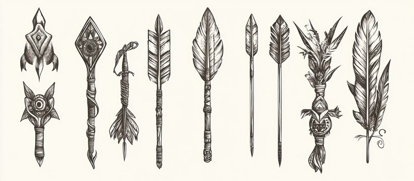Intricate hand-drawn arrows, showcasing detailed quill and handcrafted shaft designs