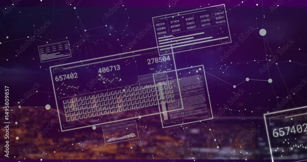 Poster blurred cityscape starting panels fading hovering while grid cycling data tilting upward into nodes