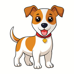 A happy Jack Russell Terrier puppy with brown and white markings and an orange collar stands with its tongue out with white background