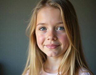 A young Belarusian girl with long blond hair smiles softly, showcasing her bright blue eyes. The warm light highlights her joyful expression in a quiet indoor environment Generative AI