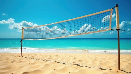 Golden sand, bright blue ocean, volleyball net, vacation, sunshine, ocean