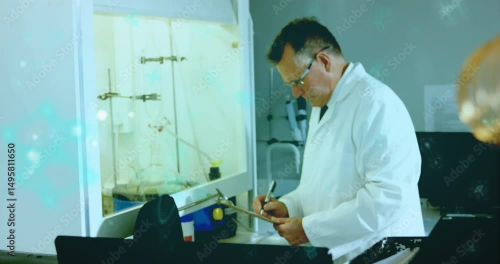 Poster coil focus shifting to scientist monitoring reaction in chemistry lab fume hood logging data