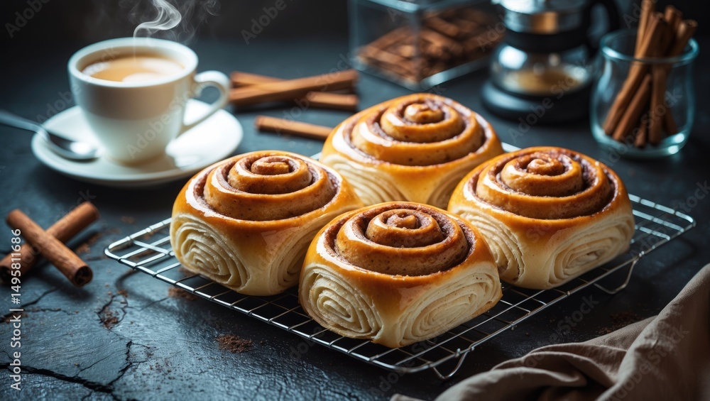 Poster scrumptious cinnamon rolls displayed on the table