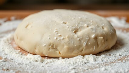 Fototapeta premium A close-up of freshly prepared dough surrounded by flour, ideal for baking enthusiasts and culinary inspirations.