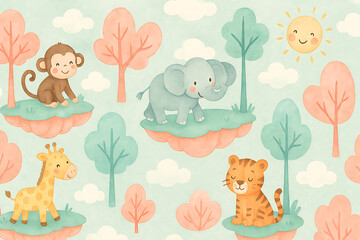 Fototapeta premium Watercolor jungle animals floating amongst trees