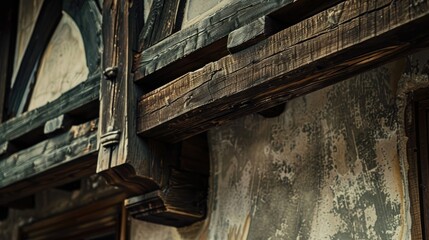 Bavarian timber-framed house beam detail, close-up, wood and plaster geometric contrast, rustic and cozy