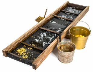A vintage gold panning setup featuring a wooden sluice box with flowing water, surrounded by buckets collecting gold flakes