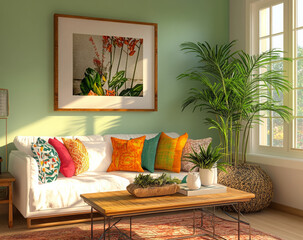 Colorful Throw Pillows and Cozy Sofa Interiors – Modern Home Decor Photography. AI generative.