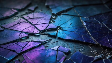 Fragmented glass surface. Damaged screen. Blue-purple stained texture with dust and scratches.
