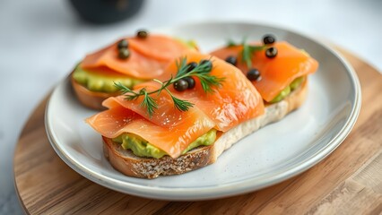 Delicious gourmet salmon and avocado sandwich served on fresh bread, garnished with herbs for a healthy meal.