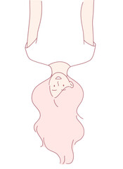 An enchanting and whimsical illustration depicting a girl who is hanging upside down, showcasing her long, flowing hair