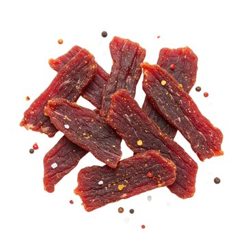 Delicious beef jerky pieces isolated on white background
