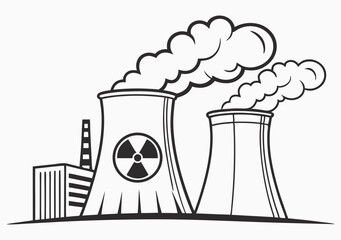 Fototapeta premium Nuclear power plant sketch with cooling towers and radiation symbol on industrial facility