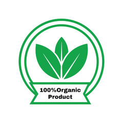 100 Percent Organic Badge with Leaves Vector.