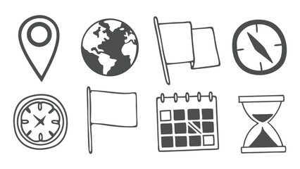Fototapeta premium Hand Drawn Travel Icons Set Location Globe Flags Compass Clock Calendar Hourglass