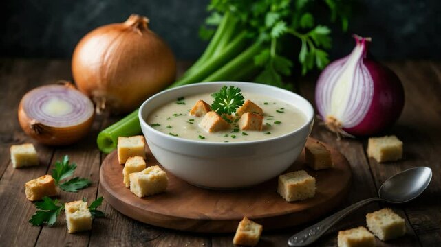 Cream of onion soup in a bowl, accompanied by celery and a slice of onion on a wooden table.