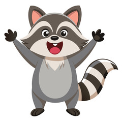 A jubilant raccoon with its arms raised and mouth wide open stands with white background