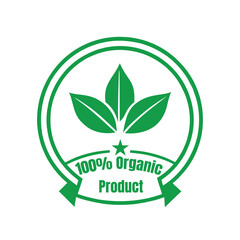 100 Percent Organic Badge with Leaves Vector.