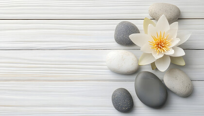 Stones with lotus flower and space for text on white wooden background, flat lay. Zen lifestyle
