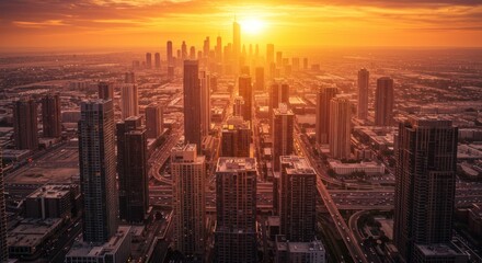 Obraz premium Cityscape at Sunset: Aerial View of Chicago Skyline - Photo