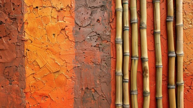 Colombian Bahareque wall surface, flat lay, bamboo and clay texturing, bright tropical finish