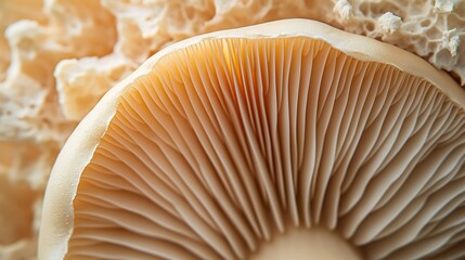 A highly detailed macro of a mushroom cap, revealing its intricate gill structure underneath.