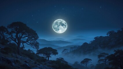 Naklejka premium This breathtaking scenario consists of a magnificent night sky, a full moon, and realistic natural surroundings.