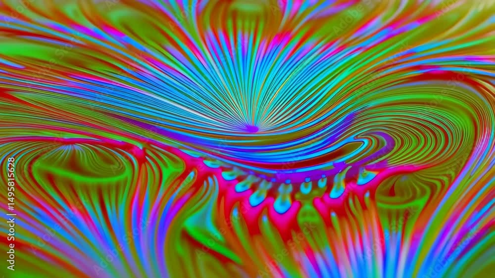 Poster vibrant abstract flowing patterns with radial symmetry and rippled liquid effect, showcasing a mesme