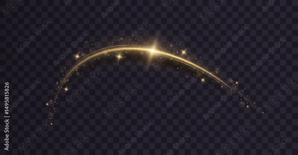 Wall mural golden sparkling trail. magical curve of glittering comet tail. shimmering golden wavy lines with gl