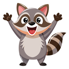 A jubilant raccoon with its arms raised and mouth wide open stands with white background