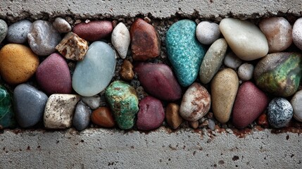 Colorful Pebbles Embedded in Concrete Crack: A Detailed Macro Shot