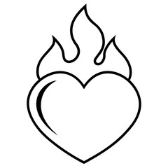 Heart with fire line art black icon on white background.