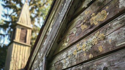 Estonian wooden chapel side detail, close-up, hand-sawn boards with lichen, weathered Nordic charm